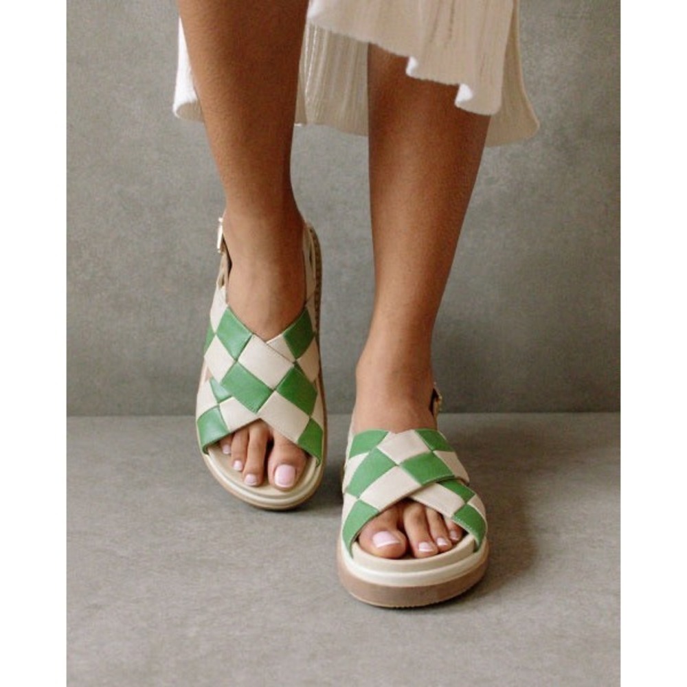 Alohas‎ Green Cream Checkered Weave Platform Slingback Sandals Gold Buckle